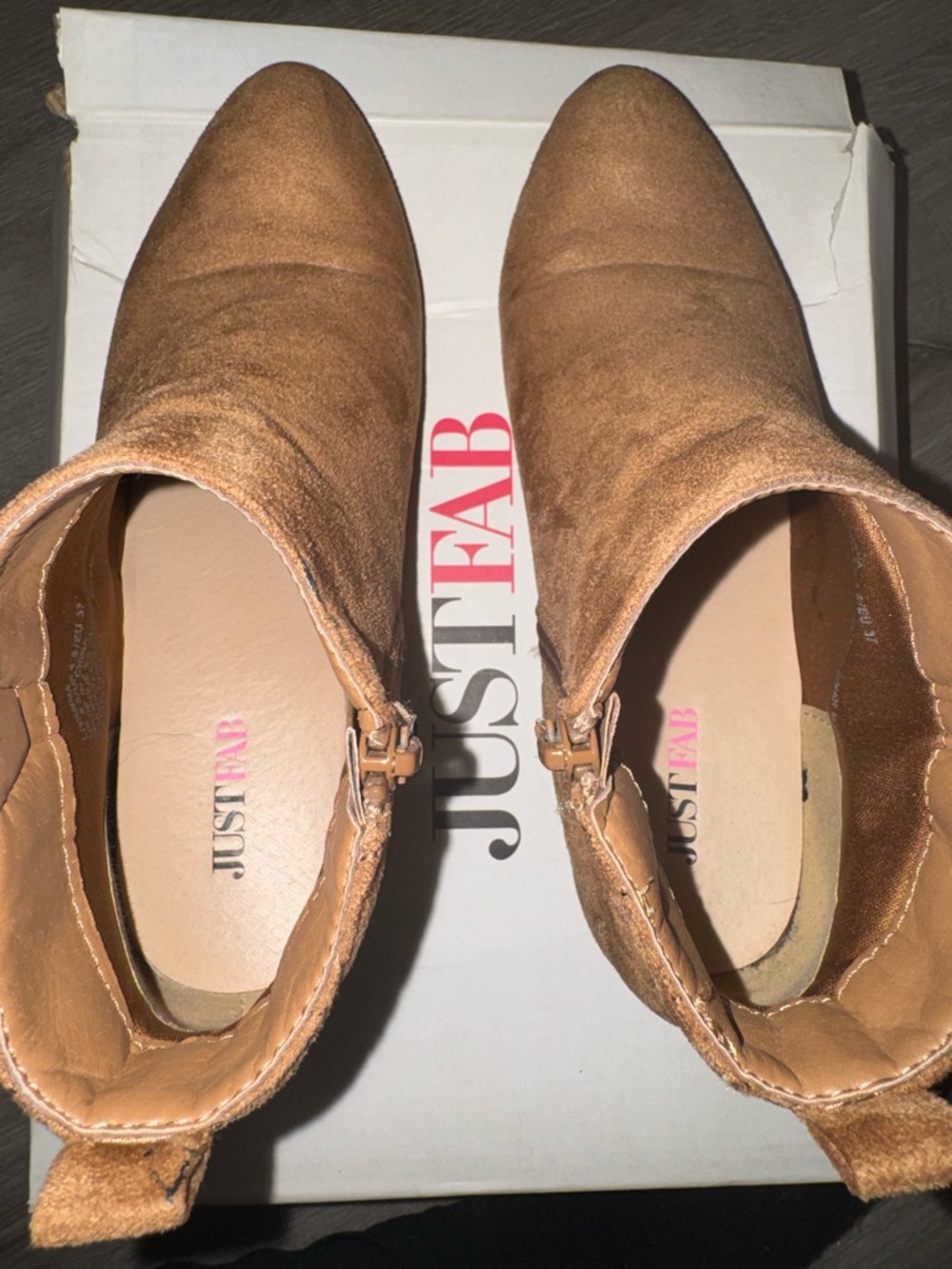 JustFab Tan Suede Zip Ankle Booties - Picture 2 of 7